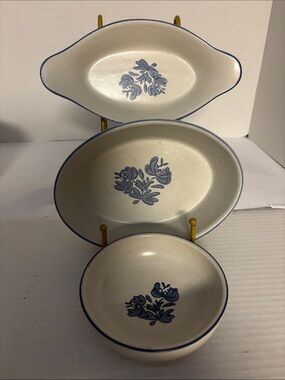 Vintage Blue Floral Ceramic Serving Bowl Set - White with Blue Trim